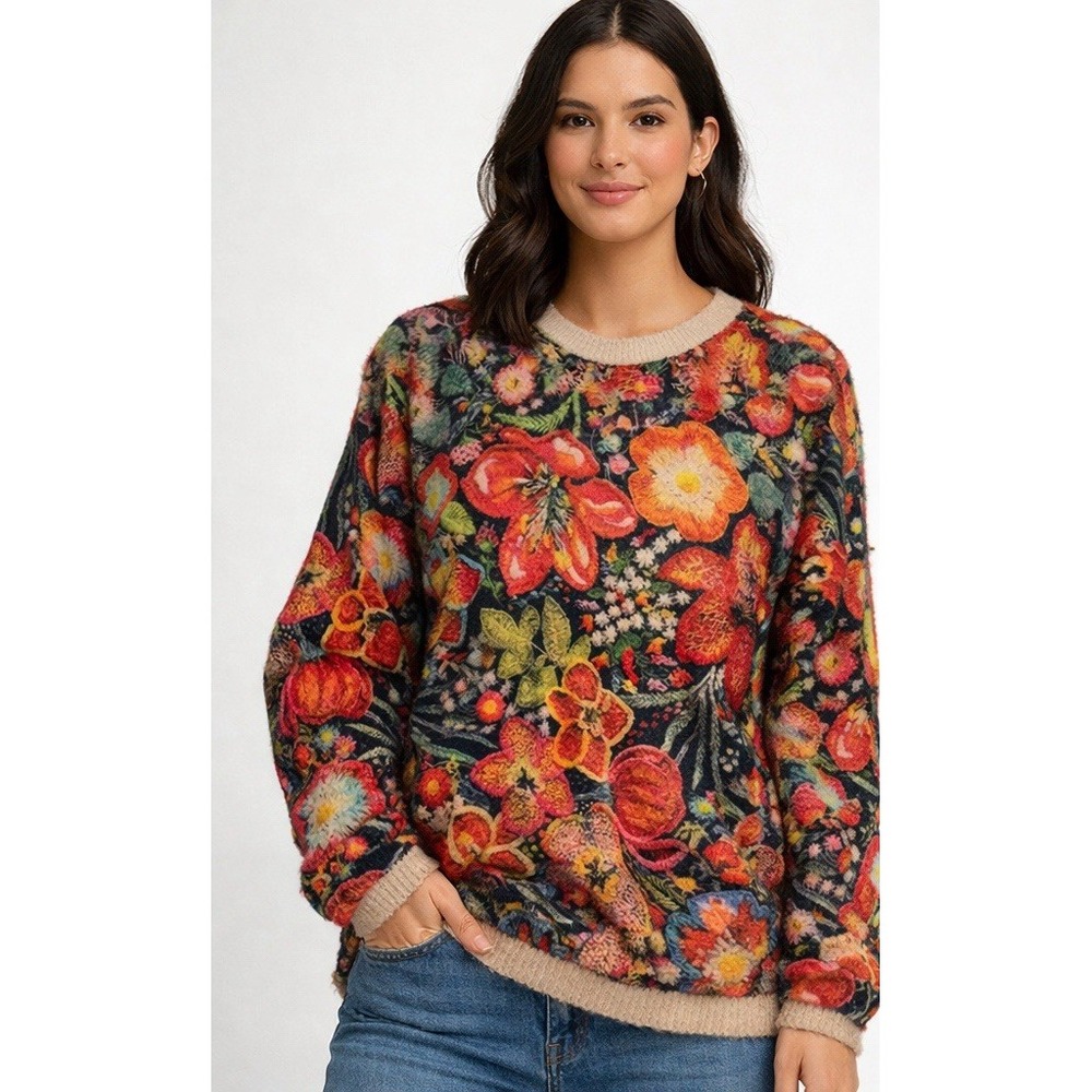 Floral Print Sweater - Thick Warm Pullover with Round Neck, Medium Stretch 3XL